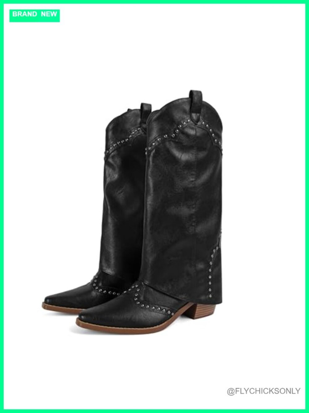 Studded Fold Over Mid Calf Western Boots Chunky Heel Snip Toe Pull On